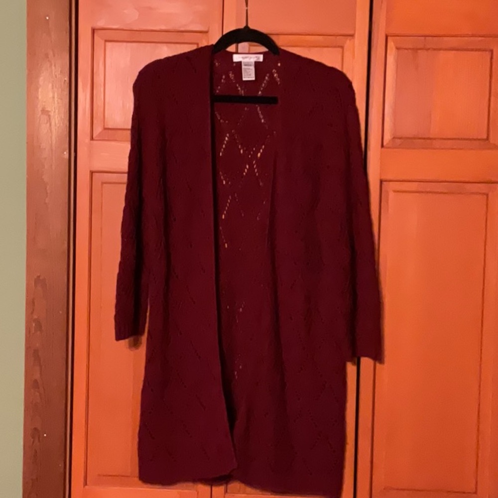 August Silk long red cardigan, size large, great condition